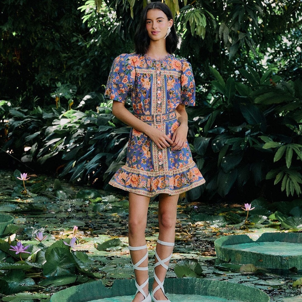 Farm Rio- superbloom tapestry blue mini dress